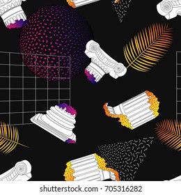 Pattern with ancient greek columns and palm leaf. Memphis style. Vector