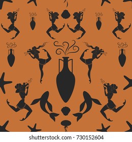 Pattern of ancient Greek girl carrying an amphora surrounded by Mediterranean sea symbols