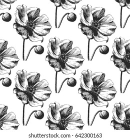 Pattern anemone. Hand drawn botanical art isolated on white background. Floral illustration. flowers drawing vector illustration and line art.