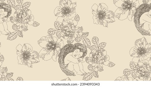  Pattern with angel and roses in vintage style