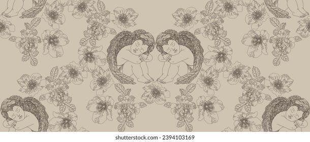 Pattern with angel and roses in vintage style