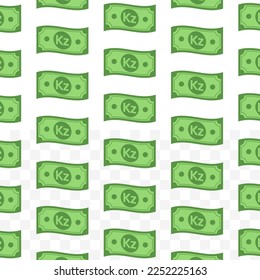 Patrón de billetes kwanza angoleños sobre fondo transparente con mini doodle (icono) y color verde. Ilustración vectorial