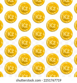 Patrón de moneda kwanza angoleña sobre fondo transparente con mini doodle (iconos) y color dorado. Ilustración vectorial