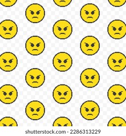 Pattern of angry emoticons in transparent background. 8-bit pixel art backdrop. Vector illustration. Vector Illustration