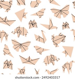 Pattern with animal figures made using the origami technique. Children's creativity and development of imagination. Japanese paper art. Vector illustration isolated on transparent background.