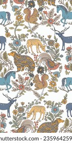 un patrón de animales y flores sobre un fondo blanco con azul; flores amarillas, naranjas y rojas, movimiento de artes y artesanías, ilustración de un libro de cuentos, Annabel Kidston, exquisito detalle