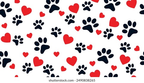 Pattern with animal paws and hearts. Seamless stylish and cute pattern. White background.