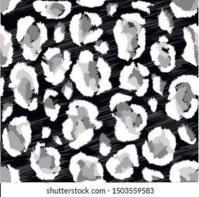 Pattern with animal print, leopard skin, fur in grey black and white color on black background