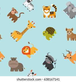 Pattern animals of Africa. Cute animals: monkey, giraffe, elephant, zebra, tiger, hyena, lion, hippopotamus, antelope, buffalo, turtle.