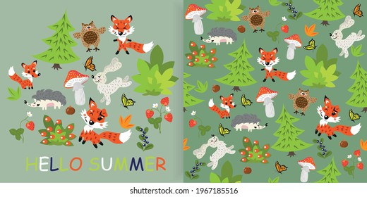 Pattern animals in the forest. Set of stickers animals, forest. Vector illustration. Hello summer lettering.