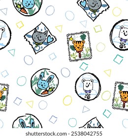 Pattern with  animals in frames, vector isolated, hand draw with texture, bunny, cat, tiger and bear. Funny and stylish, nice colors