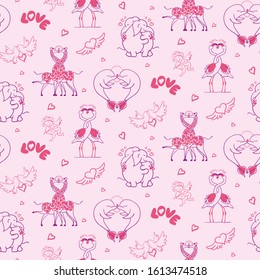 PATTERN WITH ANIMALS IN LOVE: GIRAFFES, ELEPHANTS, DOLPHINS, FLAMINGOS