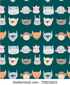 pattern with animals monkey, wolf, fox, behemoth, cat, beaver, hare, mouse.  vector doodle character