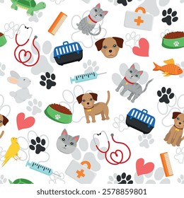 Pattern of Animals and Veterinary Items - Dogs, Cats, Rabbit, Bird, Turtle, Medicine bag, Carrying Box, Syringe, Stethoscope, Footprints and more. Seamless Link.