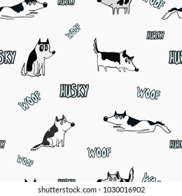 Pattern with animated characters Siberian husky. For children. Notebooks, cards, labels, diaries, accessories-school, stickers, t-shirts, banners, tags