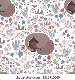 Pattern Anteater sleeps in a forest glade. White background, grass, mushrooms. Forest animals. Flat vector illustration. Seamless pattern.