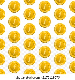 Patrón de la divisa de la florín de antilles sobre fondo transparente con mini doodle (iconos) y color dorado. Ilustración vectorial