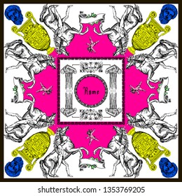 Pattern with antique elements for silk scarf. Vector illustration. Fashon collection
