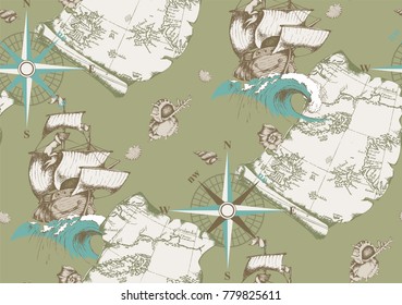 Pattern of antique sailboat. Engraved style. Vector illustration