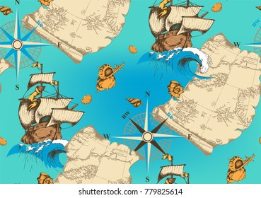 Pattern of antique sailboat. Engraved style. Vector illustration