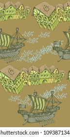 Pattern. Antique sailboat and medieval town. Engraved style. Vector illustration