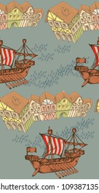 Pattern. Antique sailboat and medieval town. Engraved style. Vector illustration