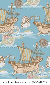 Pattern of antique sailboat. Vector illustration