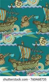 Pattern of antique sailboat. Vector illustration