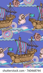 Pattern of antique sailboat. Vector illustration