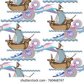 Pattern of antique sailboat. Vector illustration