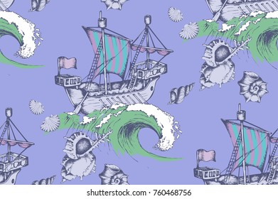 Pattern of antique sailboat. Vector illustration