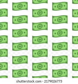 Patrón de los billetes con símbolo de moneda en fondo transparente con mini doodle (icono) y color verde. Ilustración vectorial