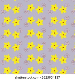 O padrão parece ser um desenho floral repetitivo. Consiste em formas pequenas, amarelas, semelhantes a flores, com seis pétalas cada, dispostas em um layout semelhante a uma grade em um fundo roxo claro ou lavanda. 