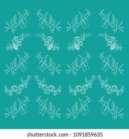 pattern of apple, almond and olive branches on the emerald background
