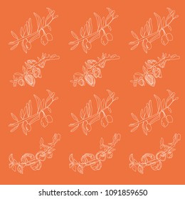 pattern of apple, almond and olive branches on the orange background