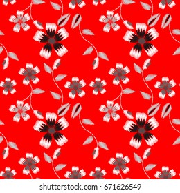 Pattern apple flower embroidery on red background