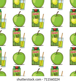 Pattern from apple juice and a glass of juice and apple near. Colored vector illustration isolated on white background