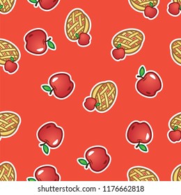 Pattern apple pie on red background. Sweet and tasty baked fruit pie from red apples seamless pattern