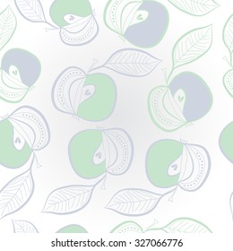 Pattern of apples, leaves, ellipses, spots,stripes. Hand drawn.