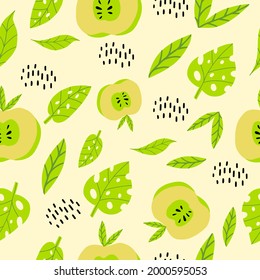 A pattern with apples and leaves. Seamless pattern with useful fruits for the design of fabrics, clothing, wallpaper. An apple with leaves in a doodle style. Cute set for printing on dresses.