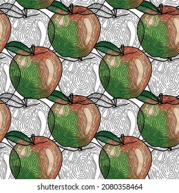 Pattern apples in sketch style, green apple with hatching on a white background. Seamless pattern of ripe apple.