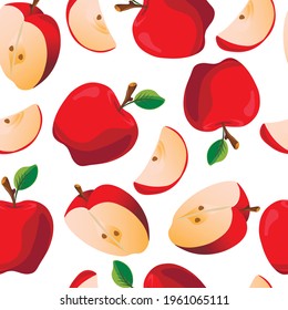 pattern with apples whole, halves and slices, background for creativity