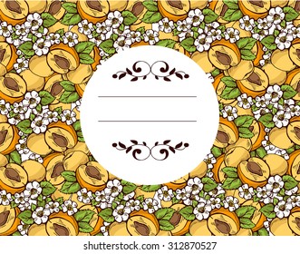 Pattern of apricots with flowers and leaves. 