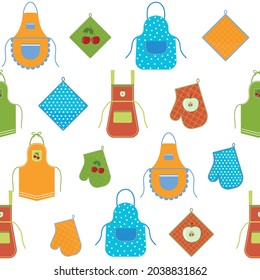 pattern with an apron for the kitchen and oven mitts, color vector illustration background white