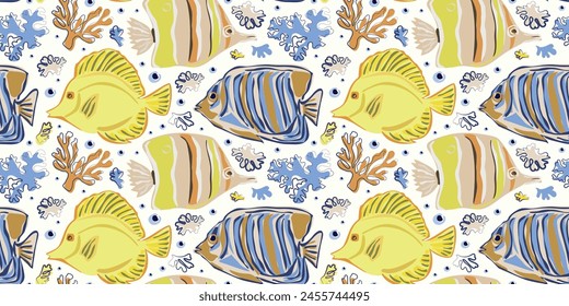 Pattern with aquariumhand fish. Yellow, blue, beige colors. For design of postcards, invitations, textiles, wrapping paper