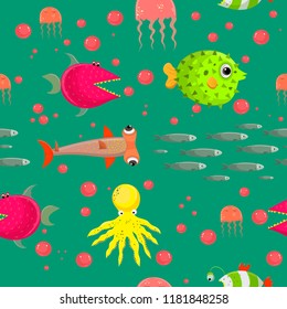 Pattern with aquatic funny sea animals underwater creatures cartoon characters sealife vector illustration.