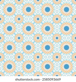 A Pattern from Arabic and Persian Art with Multiple Hexagonal and Pentagonal shapes with light blue, ice blue and Pink Color 