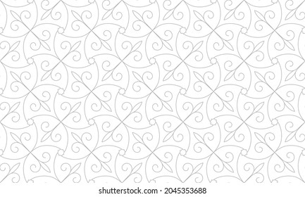 Pattern with arc lines, stars and scrolls on white background. Seamless Vector abstract floral design for swatches, fabric, wallpaper in Arabic style. Decorative lattice artwork.