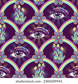 Muster mit bogenförmigen Ornamenten, alle sehen Auge, Kristalle, Kamille. Geometrisches Lüftergitter. Konzept des erweiterten Geistes. Für Fantasy, Groovy, Hippie, mystisches, esoterisches, surreales Design