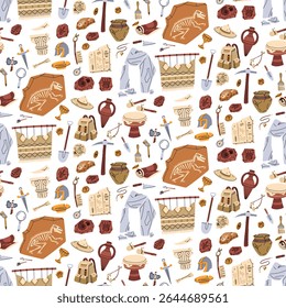Pattern of archaeological objects. Various objects of human activity. Historical finds in bright colors. Suitable for educational projects, books, presentations, and historical-themed designs